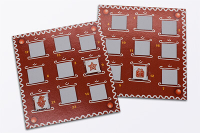 Zwei Karten mit je neun silbernen Rubbelfeldern. Auf der vorderen Karte sind zwei Felder frei gerubbelt.