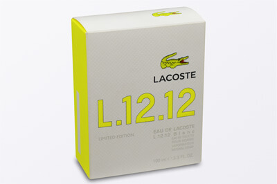 Parfumverpackung mit Neon gelbem Text.