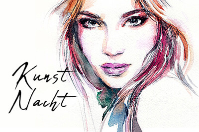 Ein gezeichnetes Gesicht einer jungen Frau und links daneben steht Kunst Nacht